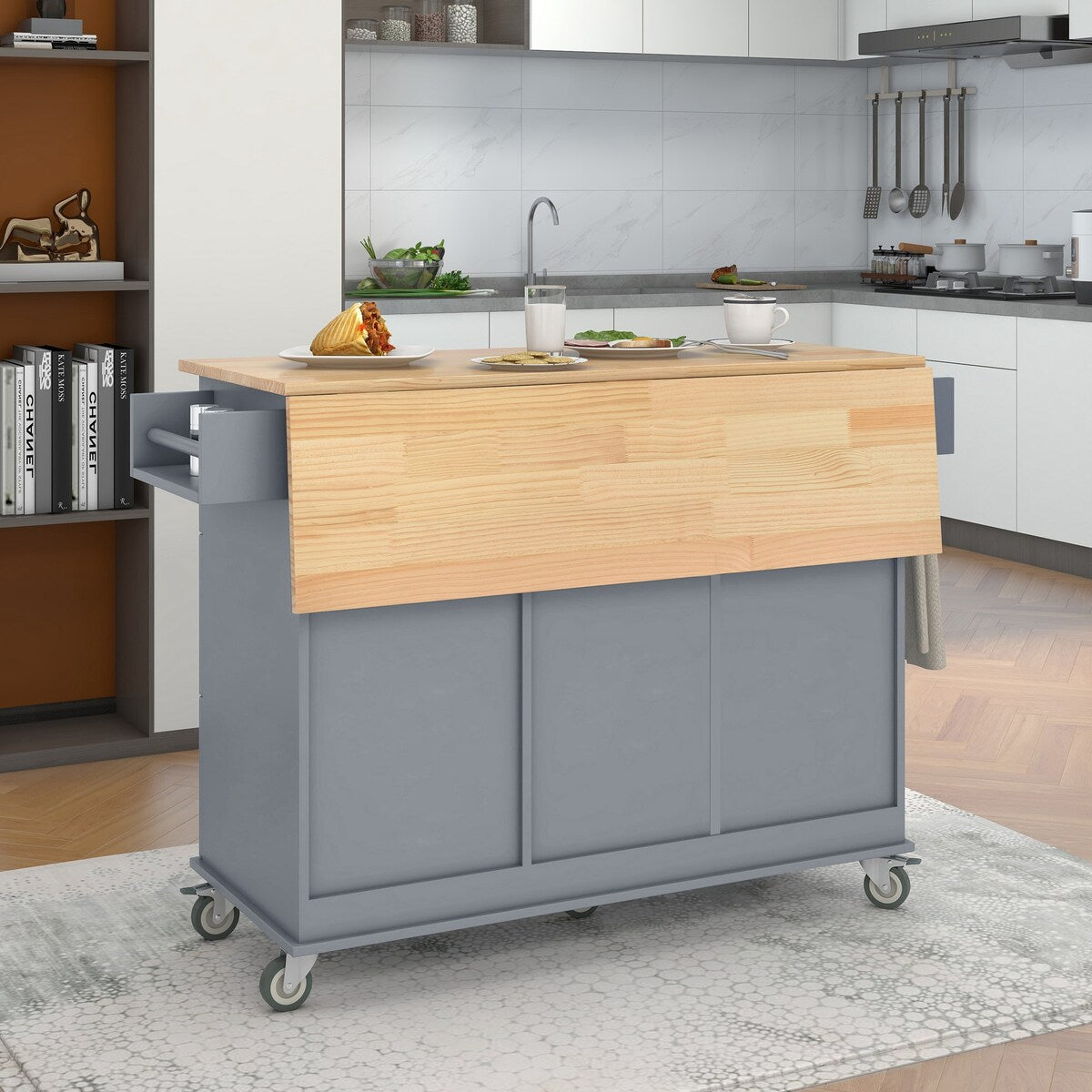 Rolling Mobile Kitchen Island with Solid Wood Top and Locking Wheels,52.7 Inch Width,Storage Cabinet and Drop Leaf Breakfast Bar