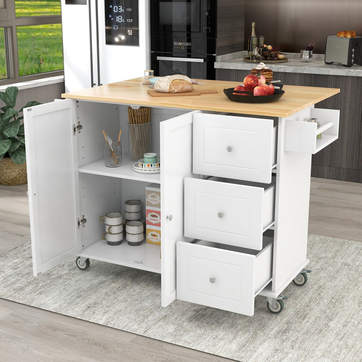 Rolling Mobile Kitchen Island with Solid Wood Top and Locking Wheels,52.7 Inch Width,Storage Cabinet and Drop Leaf Breakfast Bar