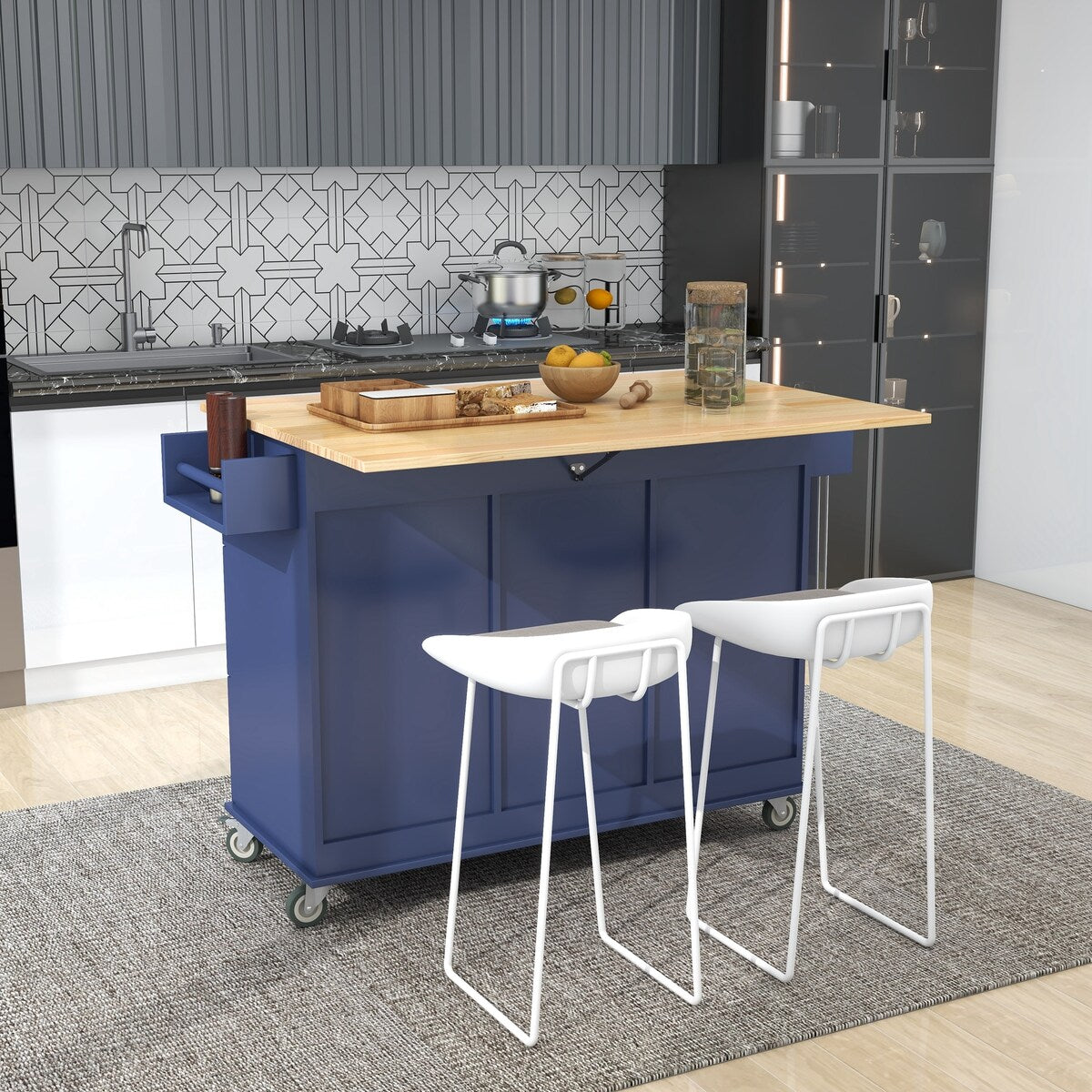 Rolling Mobile Kitchen Island with Solid Wood Top and Locking Wheels,52.7 Inch Width,Storage Cabinet and Drop Leaf Breakfast Bar
