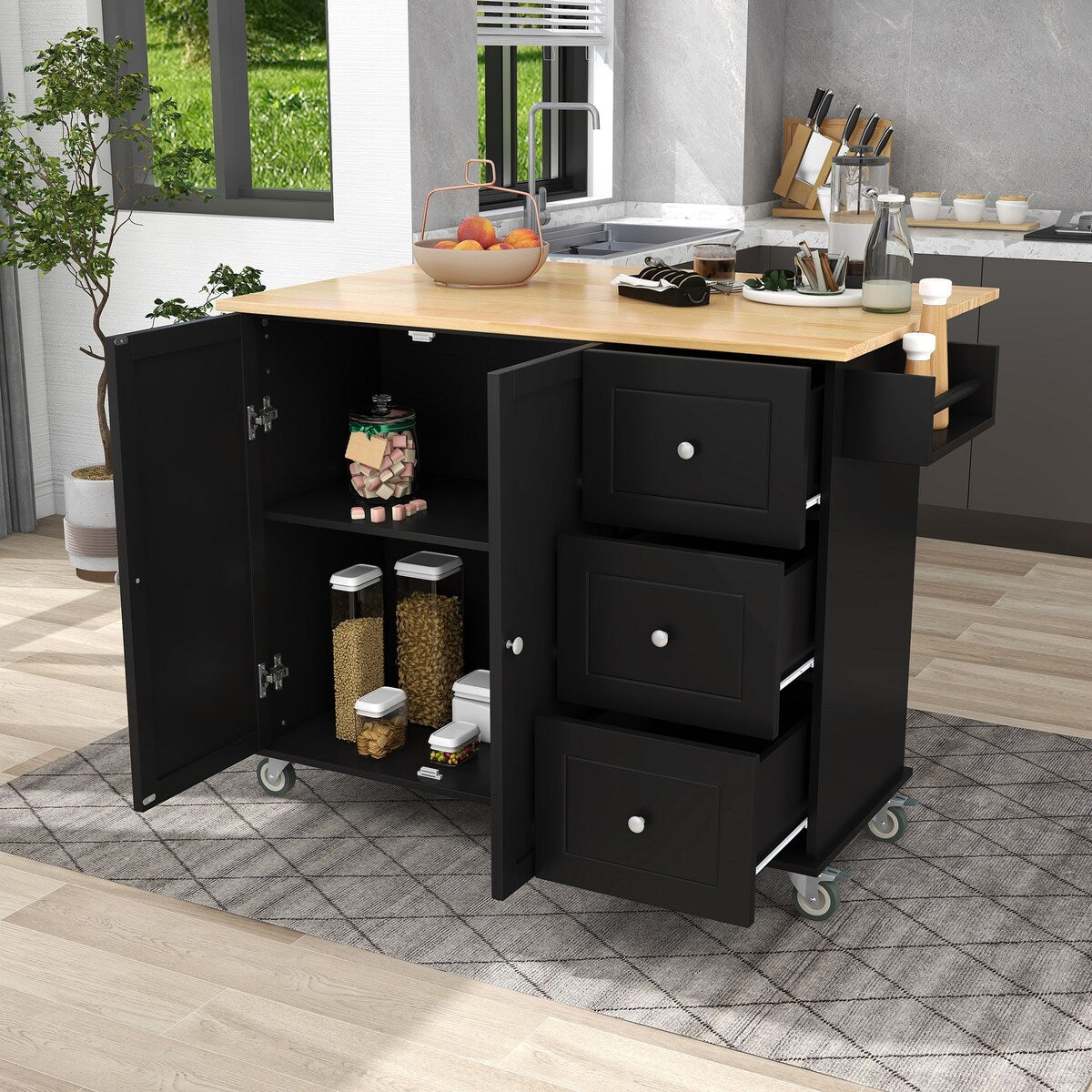 Rolling Mobile Kitchen Island with Solid Wood Top and Locking Wheels,52.7 Inch Width,Storage Cabinet and Drop Leaf Breakfast Bar
