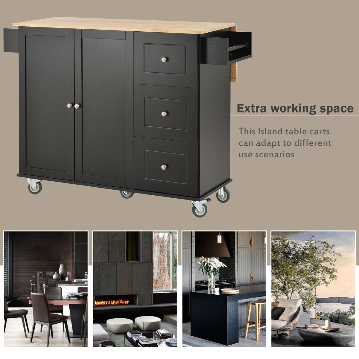 Rolling Mobile Kitchen Island with Solid Wood Top and Locking Wheels,52.7 Inch Width,Storage Cabinet and Drop Leaf Breakfast Bar