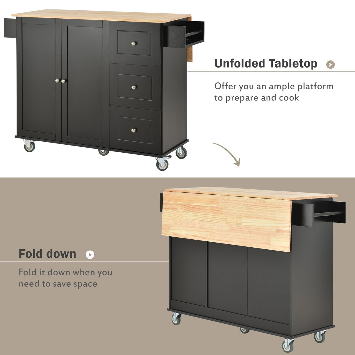 Rolling Mobile Kitchen Island with Solid Wood Top and Locking Wheels,52.7 Inch Width,Storage Cabinet and Drop Leaf Breakfast Bar
