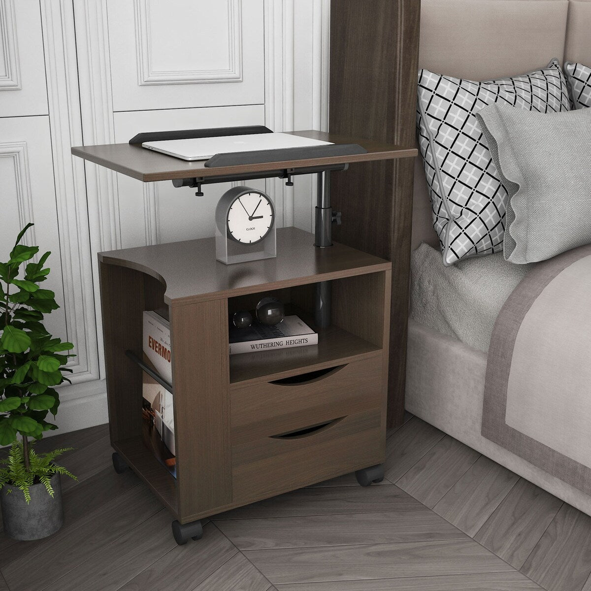 Rolling Nightstand with Swivel Top, Wooden Height Adjustable End Table Laptop Table with Drawers and Open Shelf