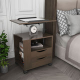 Rolling Nightstand with Swivel Top, Wooden Height Adjustable End Table Laptop Table with Drawers and Open Shelf