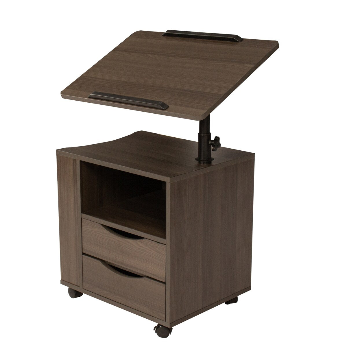 Rolling Nightstand with Swivel Top, Wooden Height Adjustable End Table Laptop Table with Drawers and Open Shelf