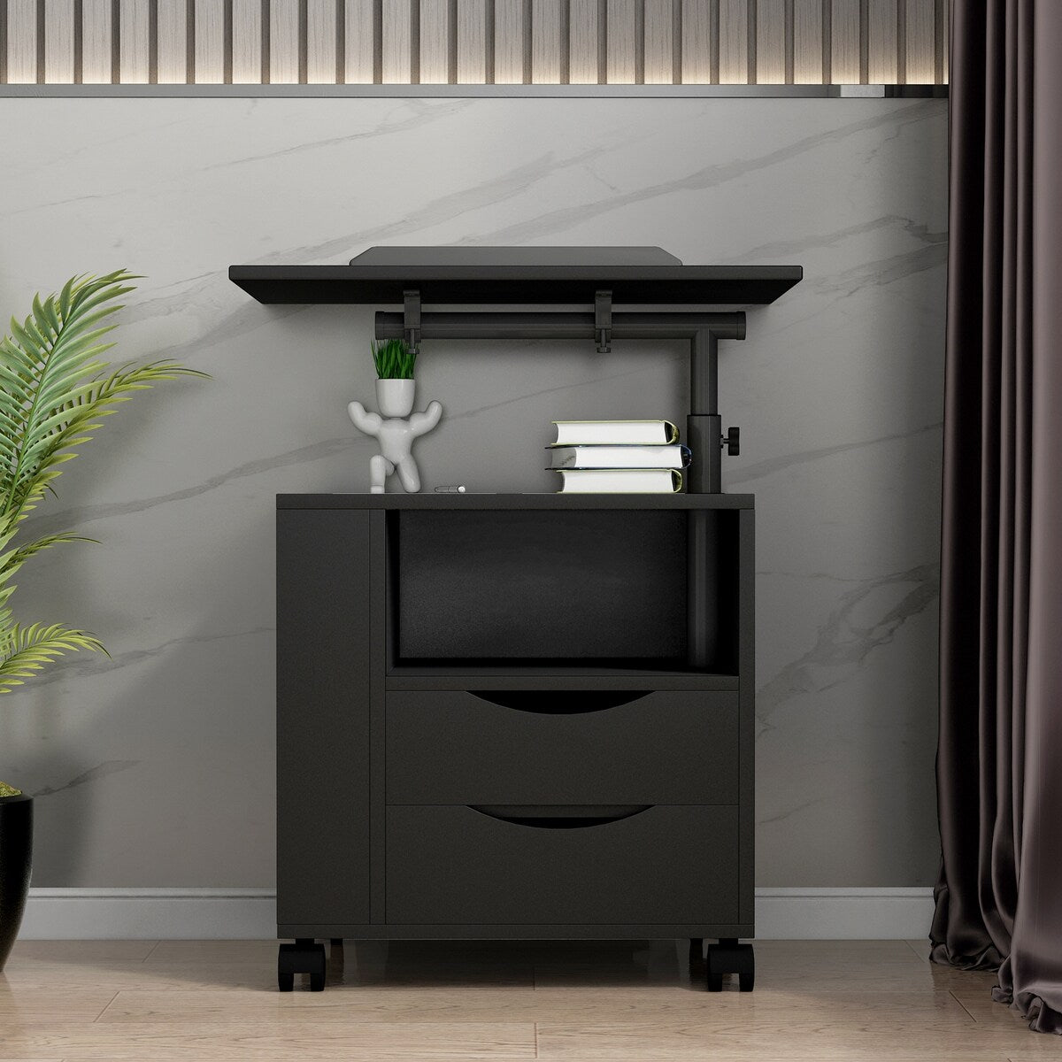 Rolling Nightstand with Swivel Top, Wooden Height Adjustable End Table Laptop Table with Drawers and Open Shelf