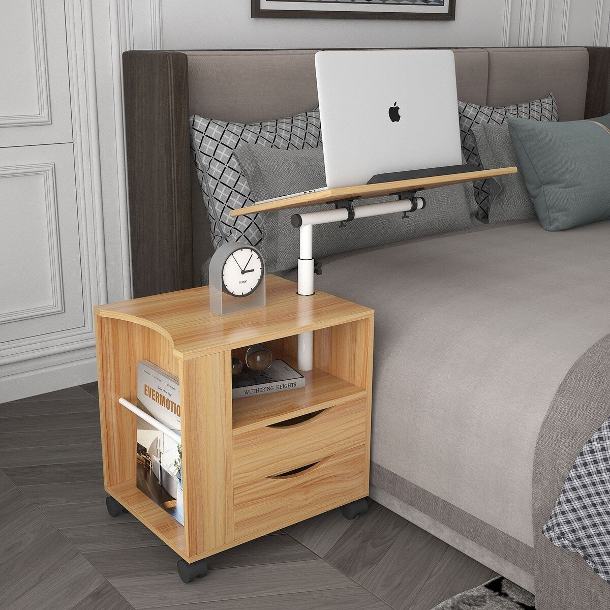 Rolling Nightstand with Swivel Top, Wooden Height Adjustable End Table Laptop Table with Drawers and Open Shelf