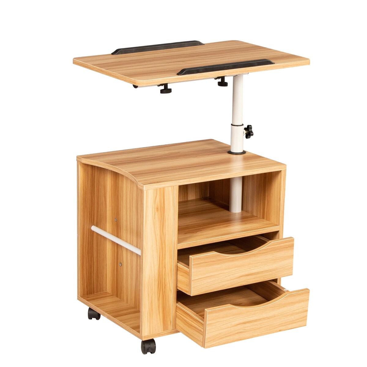 Rolling Nightstand with Swivel Top, Wooden Height Adjustable End Table Laptop Table with Drawers and Open Shelf