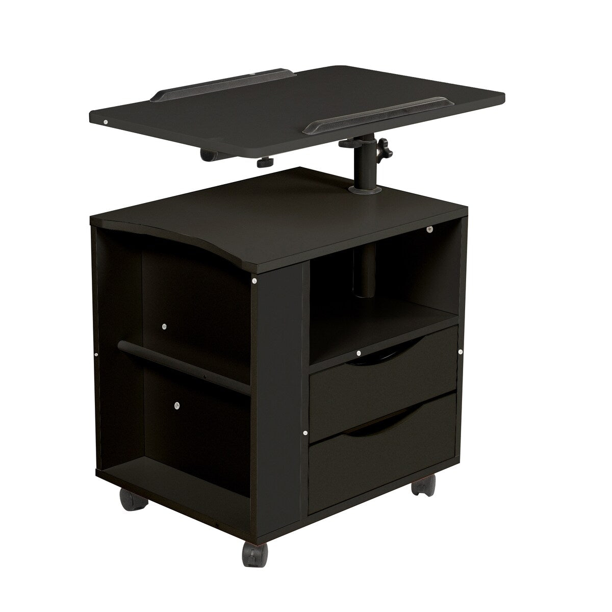 Rolling Nightstand with Swivel Top, Wooden Height Adjustable End Table Laptop Table with Drawers and Open Shelf