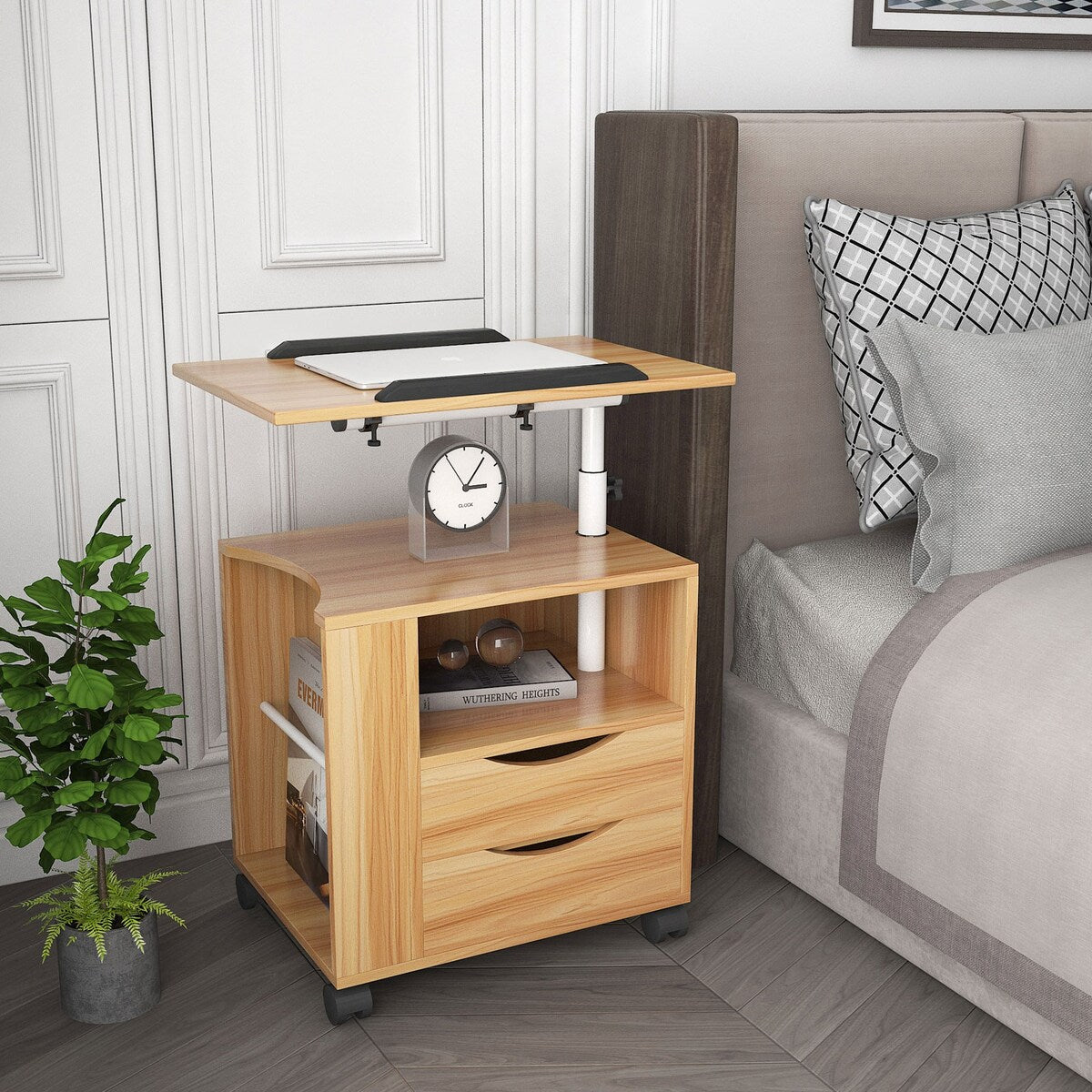 Rolling Nightstand with Swivel Top, Wooden Height Adjustable End Table Laptop Table with Drawers and Open Shelf