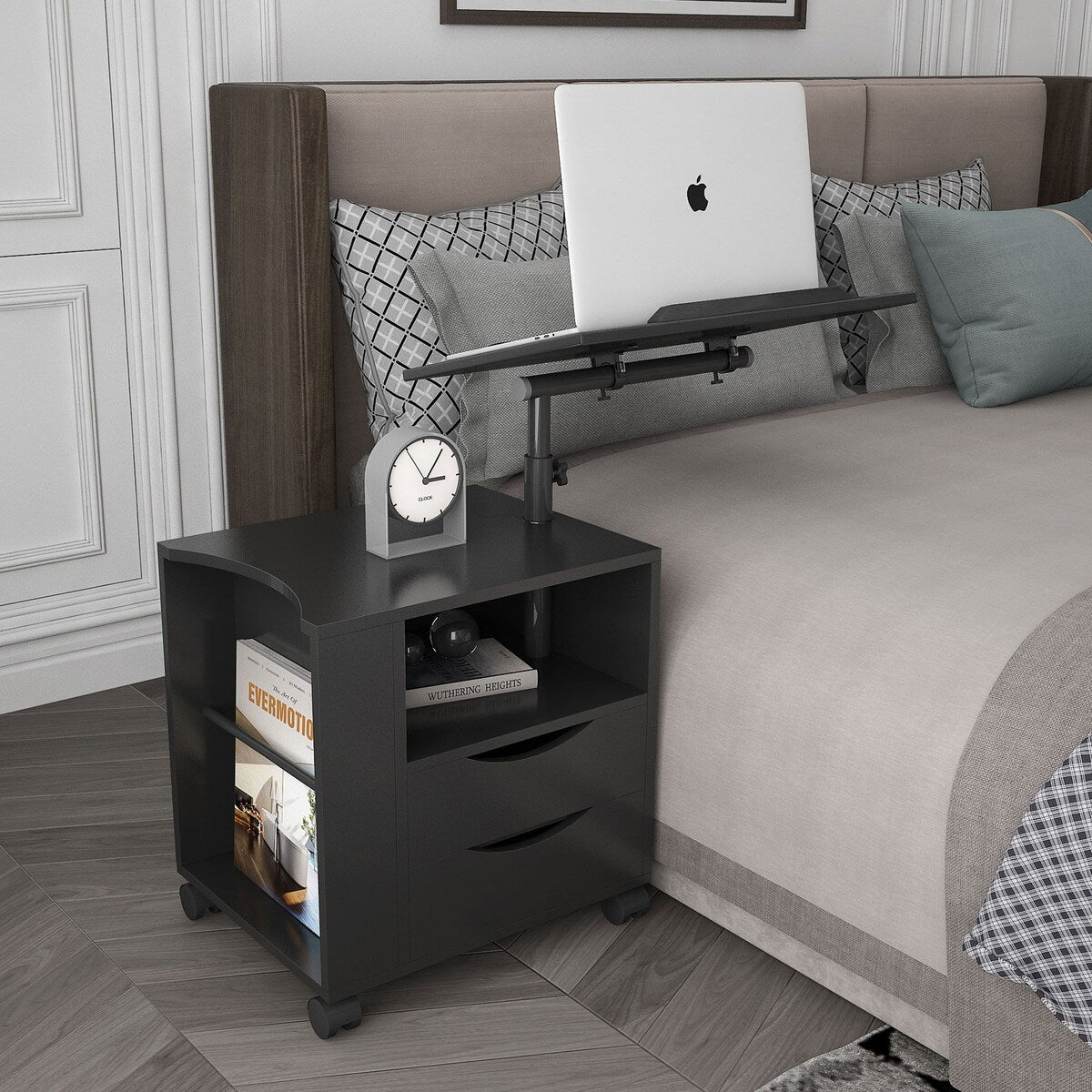 Rolling Nightstand with Swivel Top, Wooden Height Adjustable End Table Laptop Table with Drawers and Open Shelf