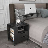 Rolling Nightstand with Swivel Top, Wooden Height Adjustable End Table Laptop Table with Drawers and Open Shelf