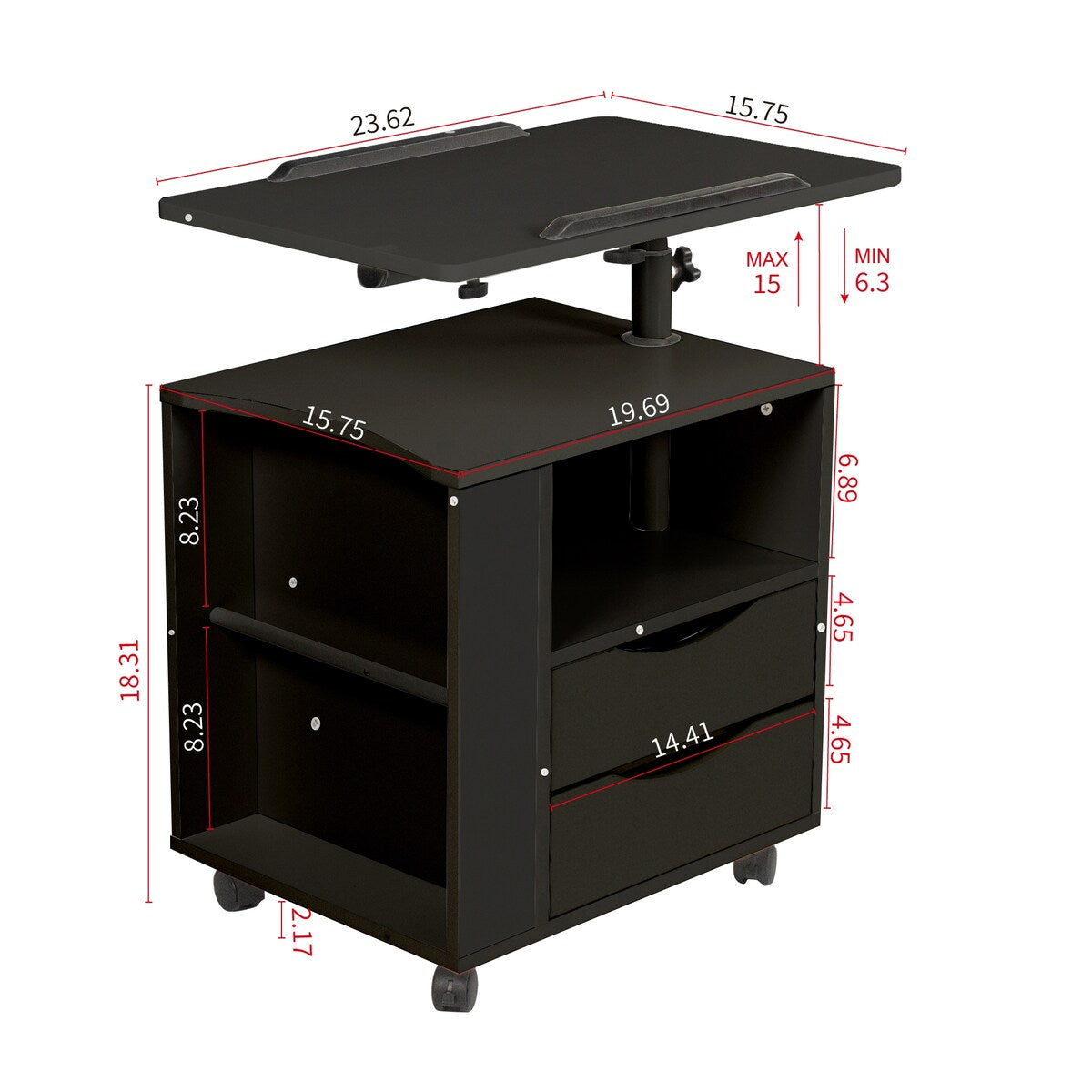 Rolling Nightstand with Swivel Top, Wooden Height Adjustable End Table Laptop Table with Drawers and Open Shelf
