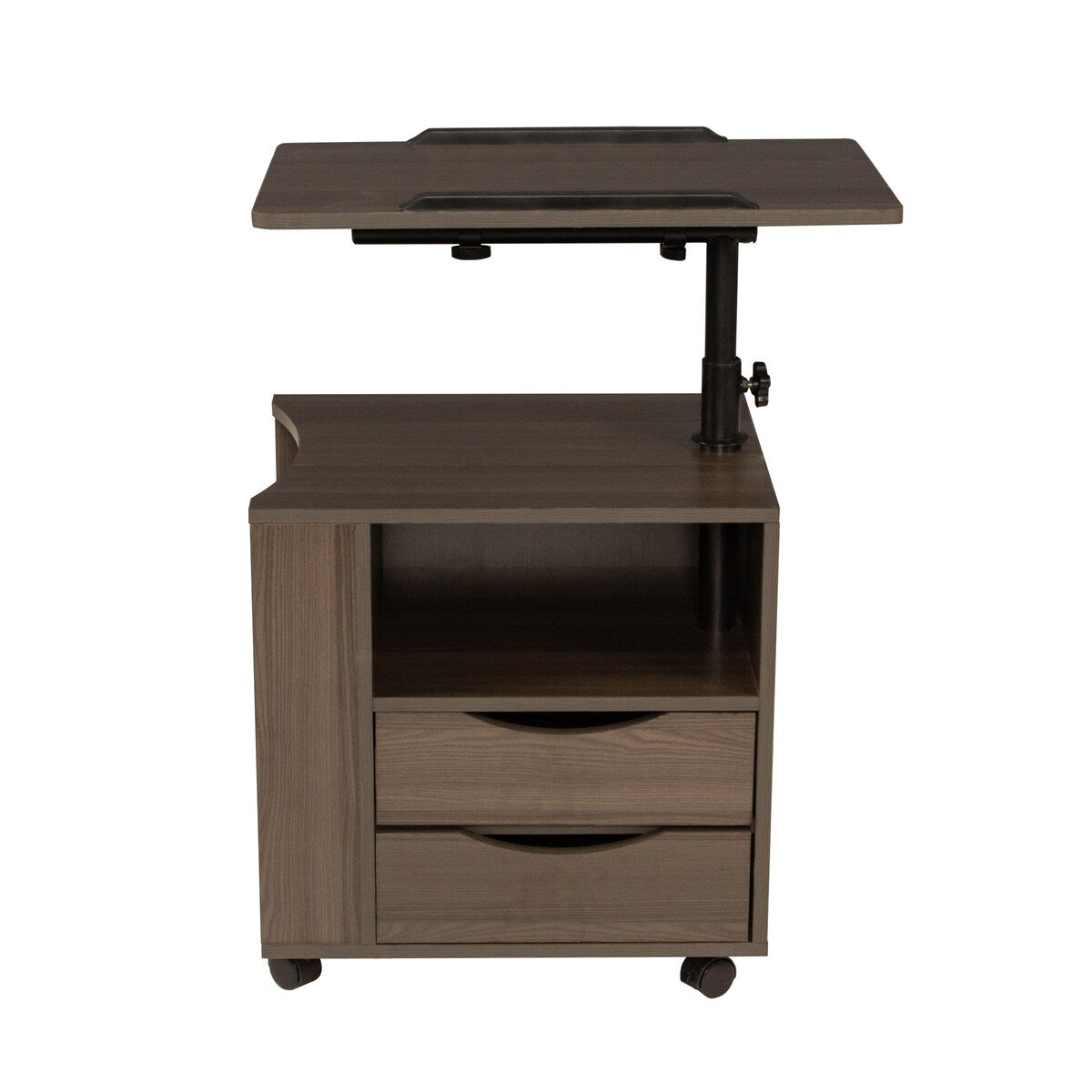 Rolling Nightstand with Swivel Top, Wooden Height Adjustable End Table Laptop Table with Drawers and Open Shelf