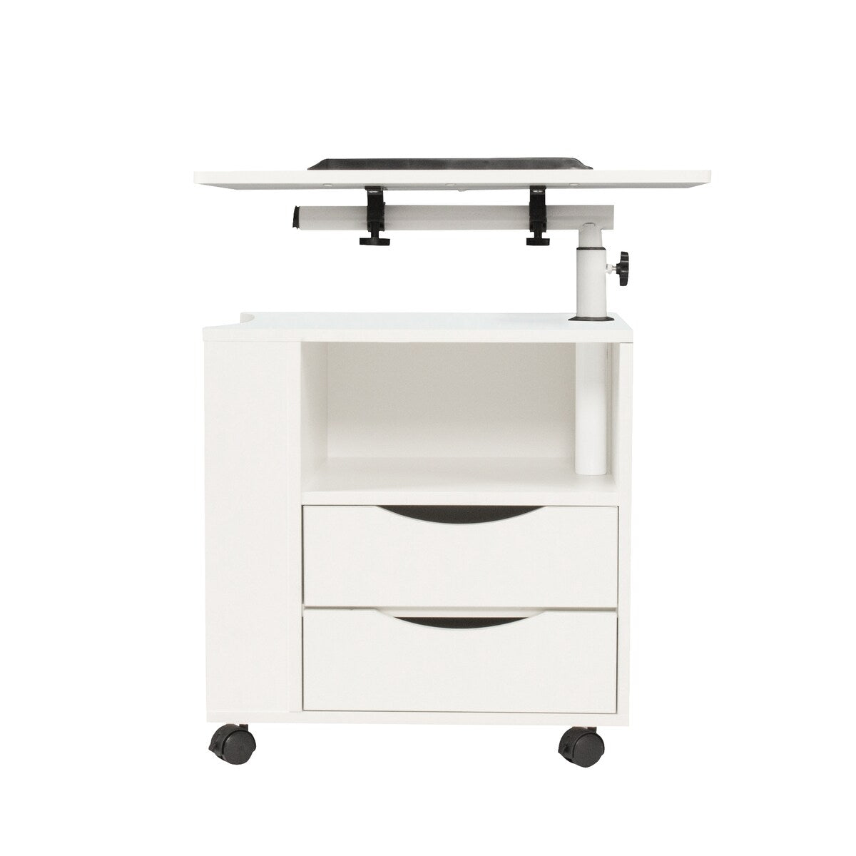Rolling Nightstand with Swivel Top, Wooden Height Adjustable End Table Laptop Table with Drawers and Open Shelf