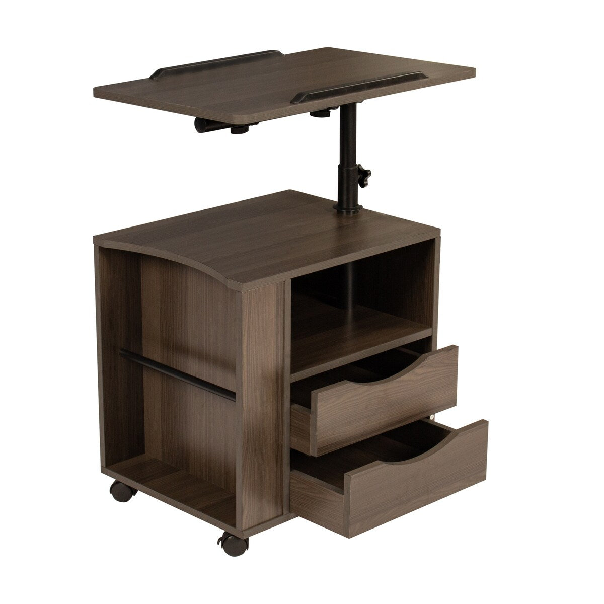 Rolling Nightstand with Swivel Top, Wooden Height Adjustable End Table Laptop Table with Drawers and Open Shelf