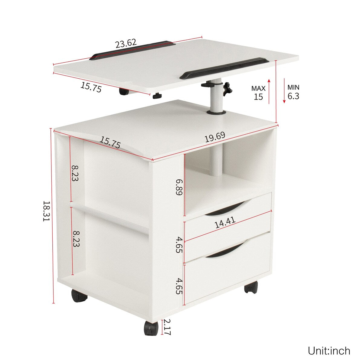 Rolling Nightstand with Swivel Top, Wooden Height Adjustable End Table Laptop Table with Drawers and Open Shelf