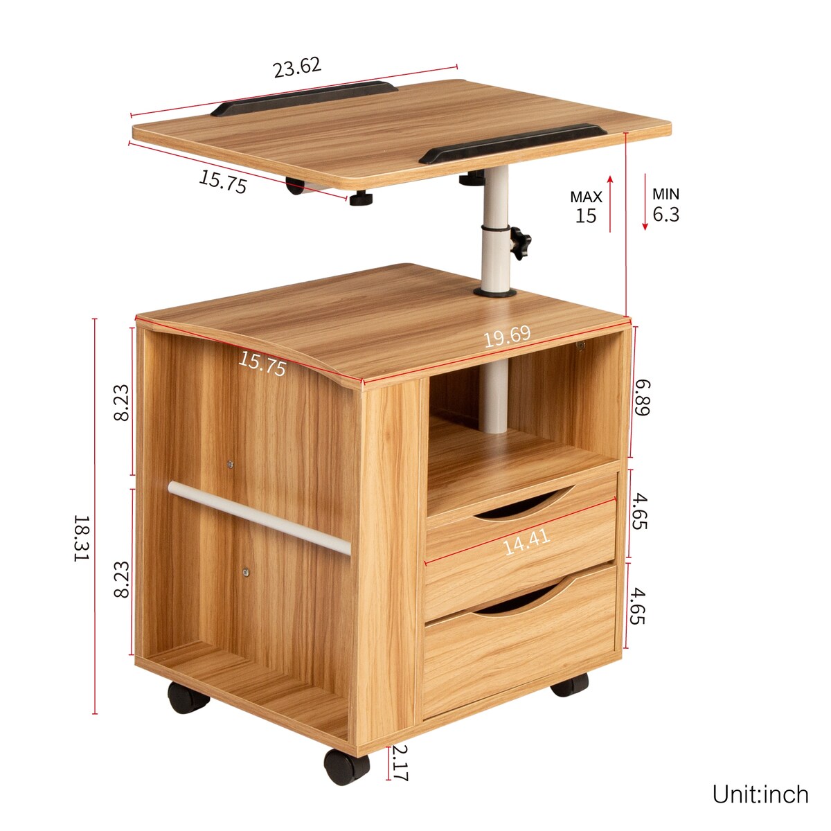 Rolling Nightstand with Swivel Top, Wooden Height Adjustable End Table Laptop Table with Drawers and Open Shelf