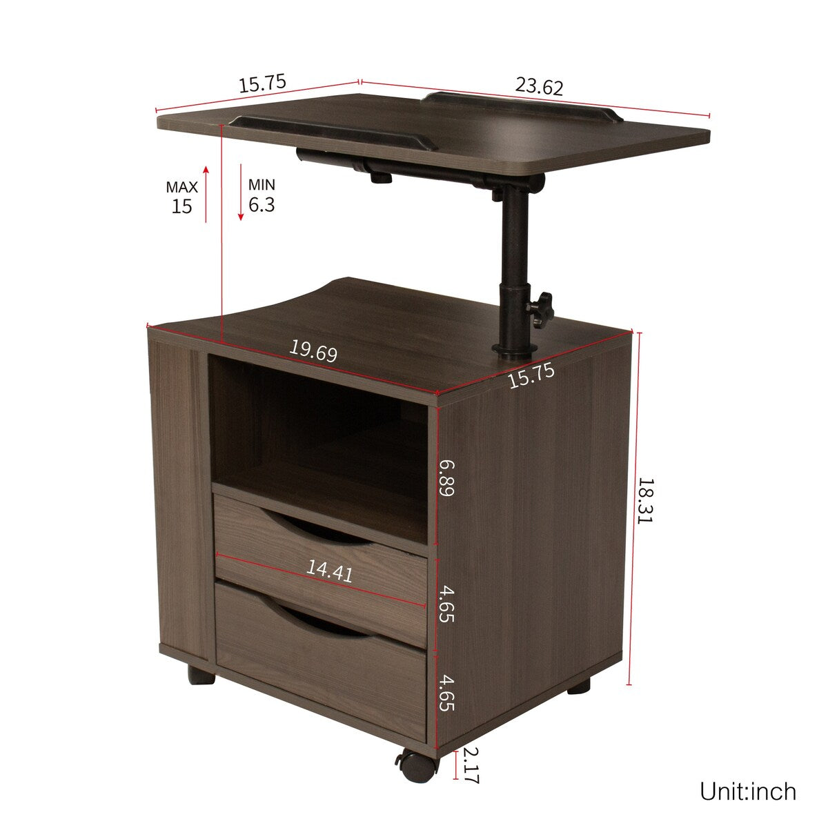 Rolling Nightstand with Swivel Top, Wooden Height Adjustable End Table Laptop Table with Drawers and Open Shelf