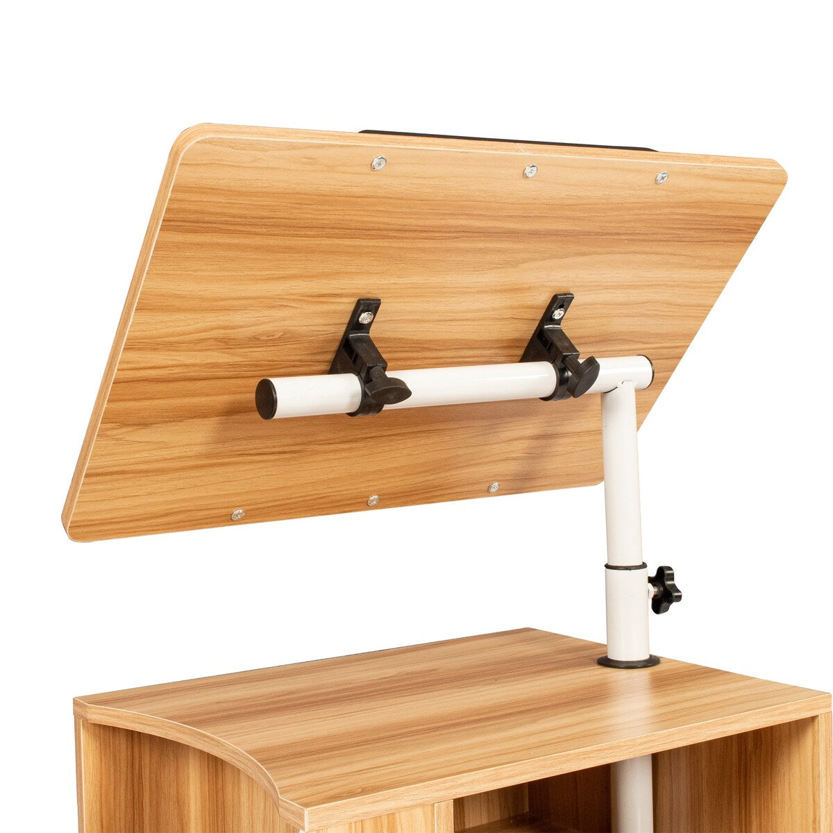 Rolling Nightstand with Swivel Top, Wooden Height Adjustable End Table Laptop Table with Drawers and Open Shelf