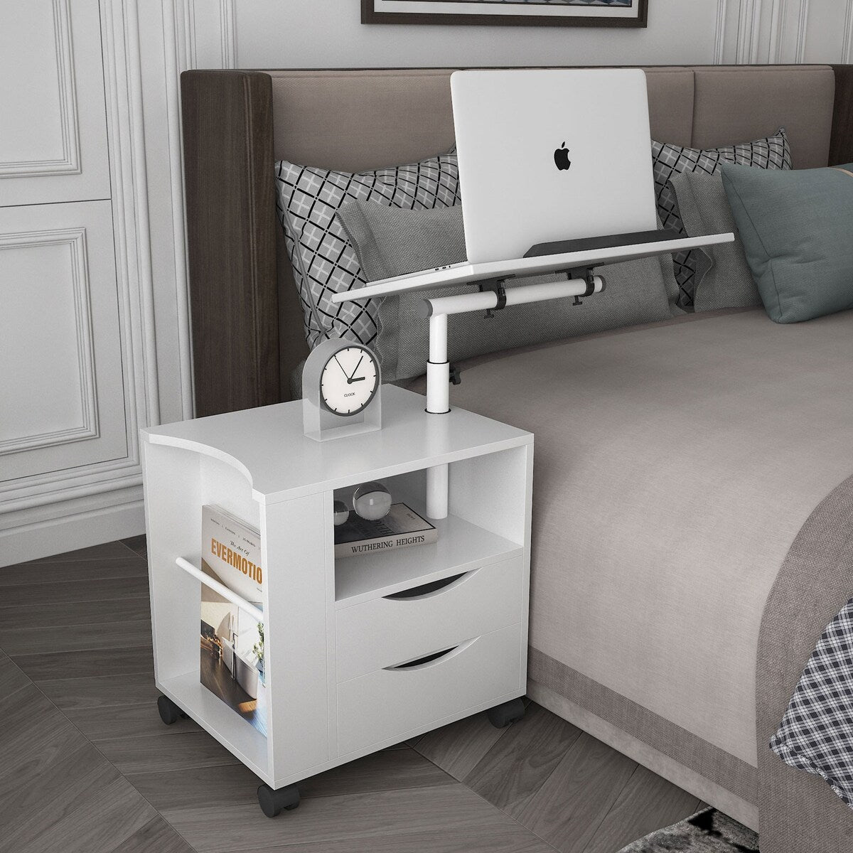 Rolling Nightstand with Swivel Top, Wooden Height Adjustable End Table Laptop Table with Drawers and Open Shelf