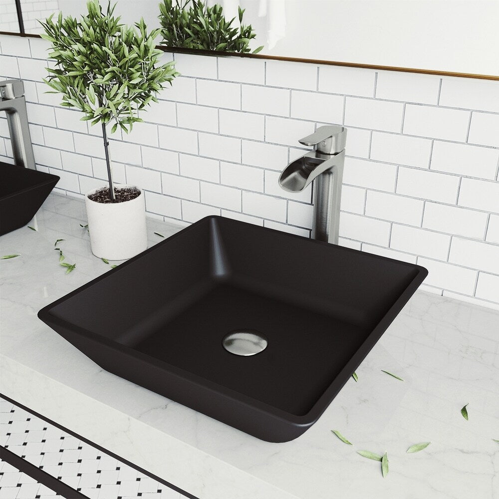 Roma Glass Rectangle Vessel Bathroom Sink Set With Niko Faucet in Brushed Nickel