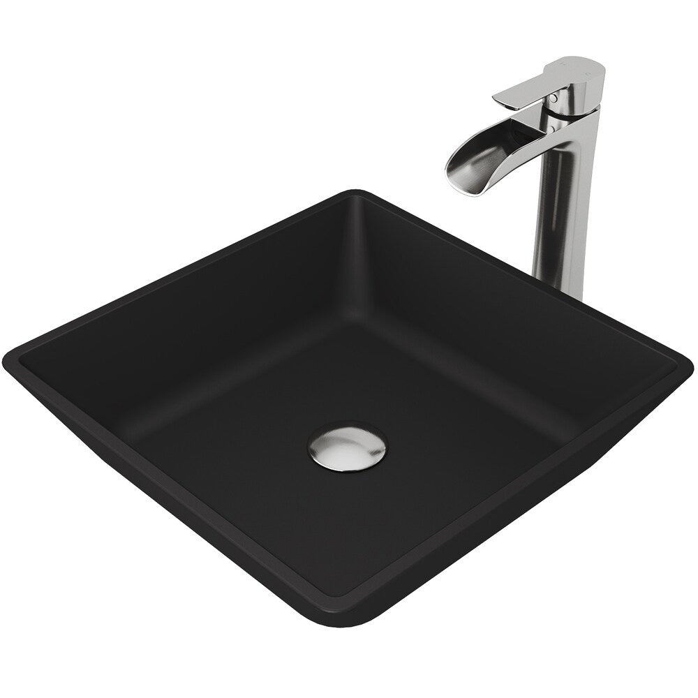 Roma Glass Rectangle Vessel Bathroom Sink Set With Niko Faucet in Brushed Nickel
