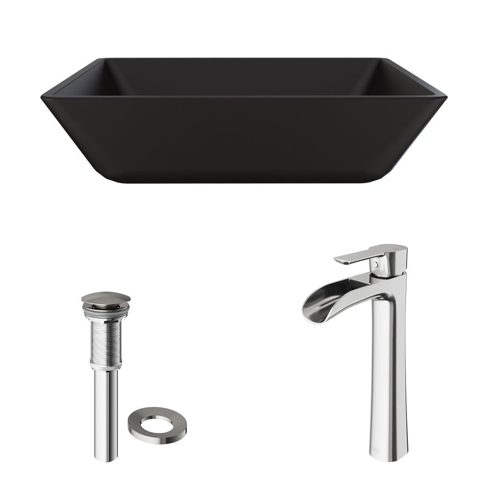 Roma Glass Rectangle Vessel Bathroom Sink Set With Niko Faucet in Brushed Nickel