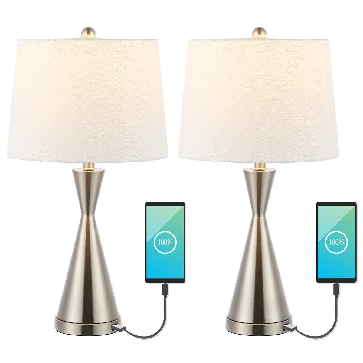 Roman 26" Classic French Country Iron LED Table Lamp with USB Charging Port, Nickel (Set of 2) by JONATHAN Y