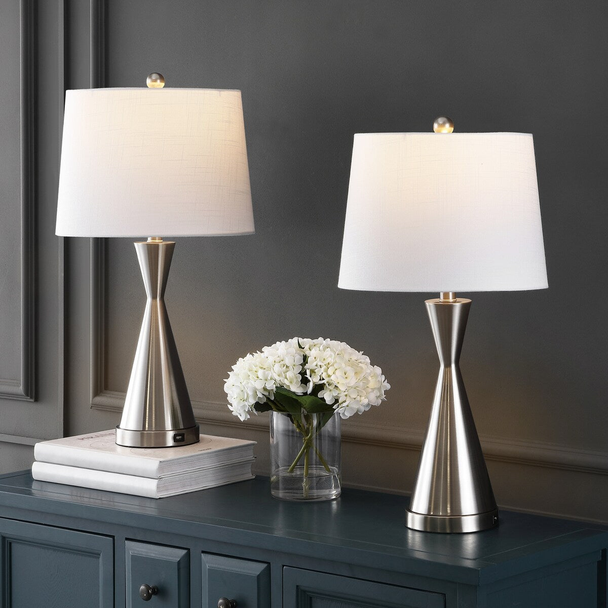 Roman 26" Classic French Country Iron LED Table Lamp with USB Charging Port, Nickel (Set of 2) by JONATHAN Y