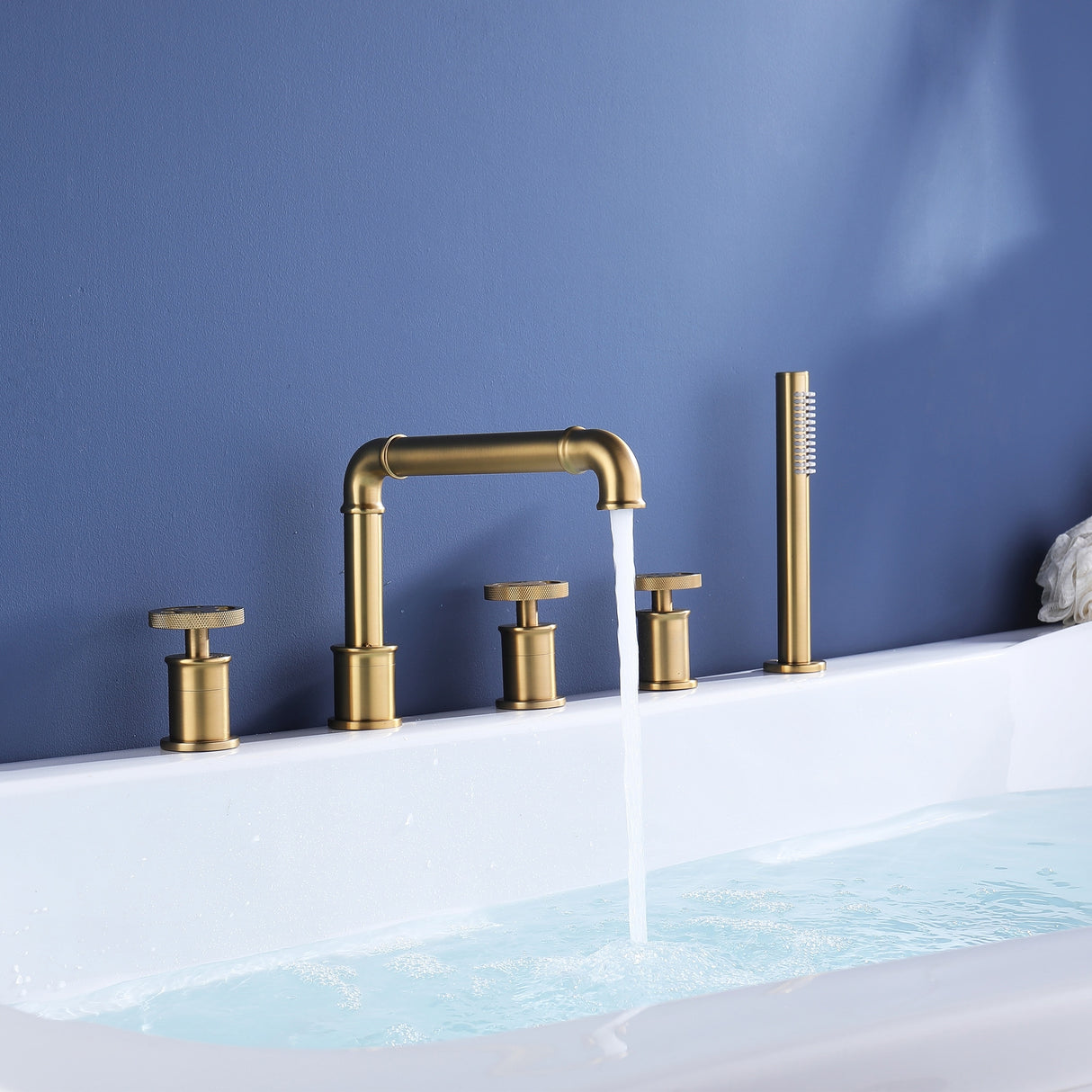3-Handle Tub Faucet Set with Handheld Shower, Modern Deck Mount Bathtub Faucet Set