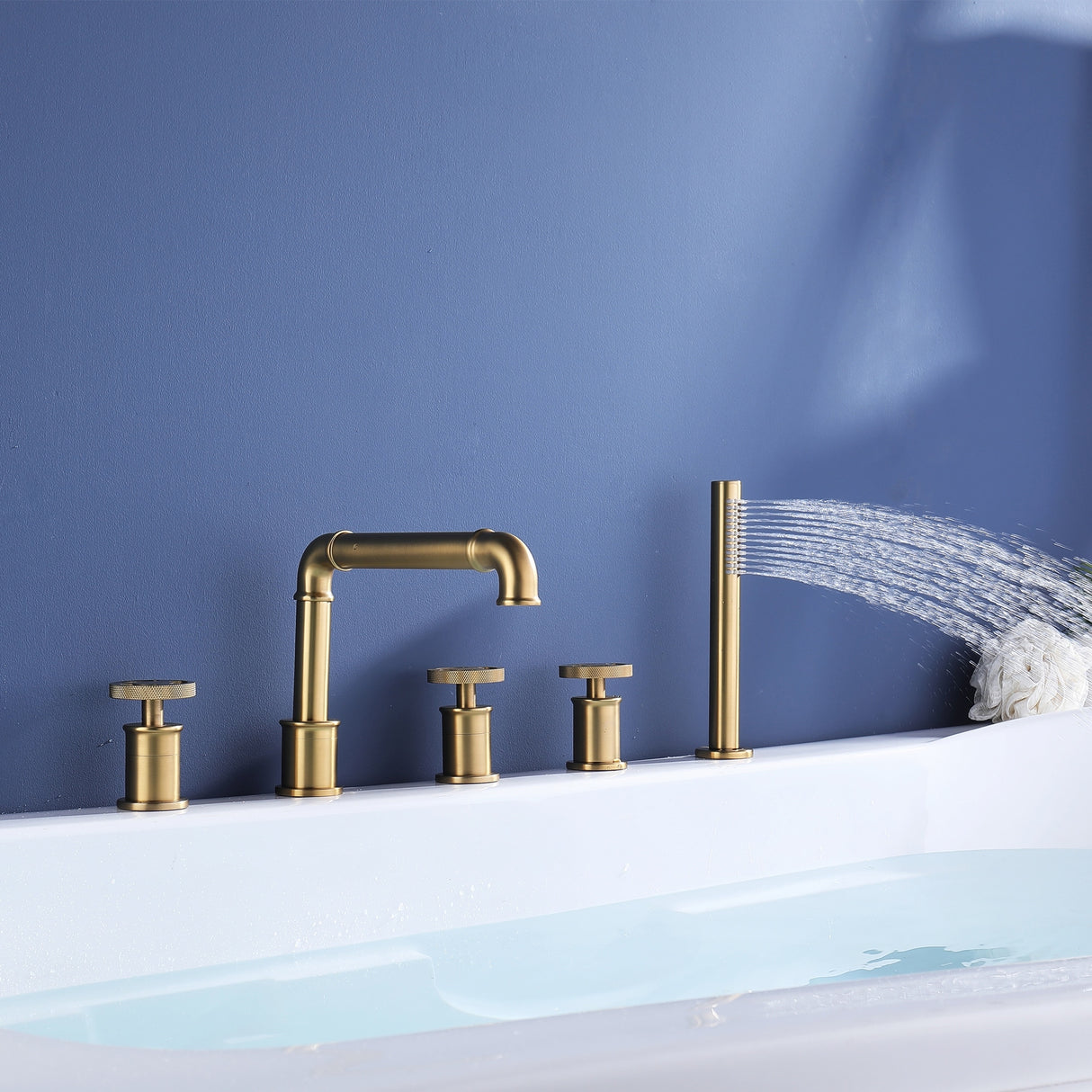 3-Handle Tub Faucet Set with Handheld Shower, Modern Deck Mount Bathtub Faucet Set