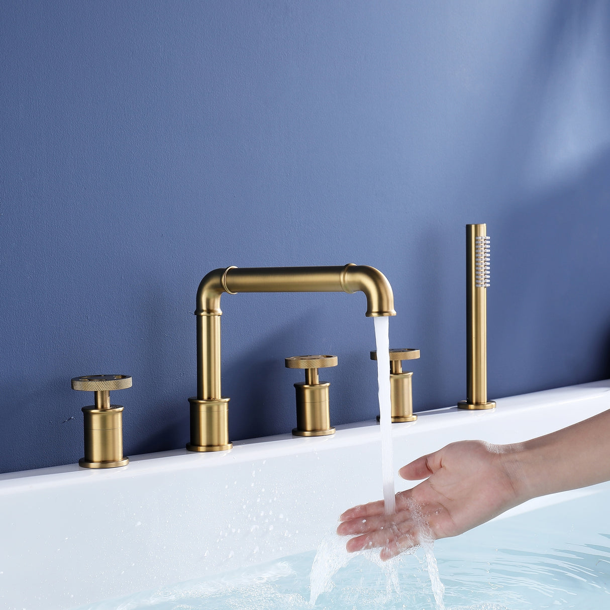3-Handle Tub Faucet Set with Handheld Shower, Modern Deck Mount Bathtub Faucet Set