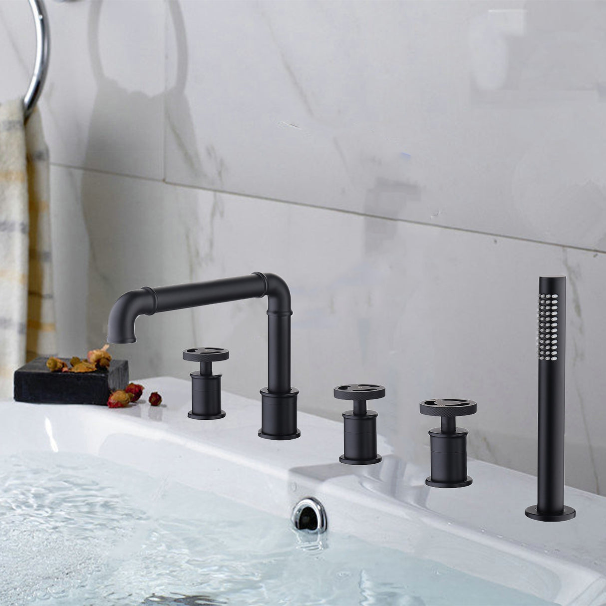 3-Handle Tub Faucet Set with Handheld Shower, Modern Deck Mount Bathtub Faucet Set