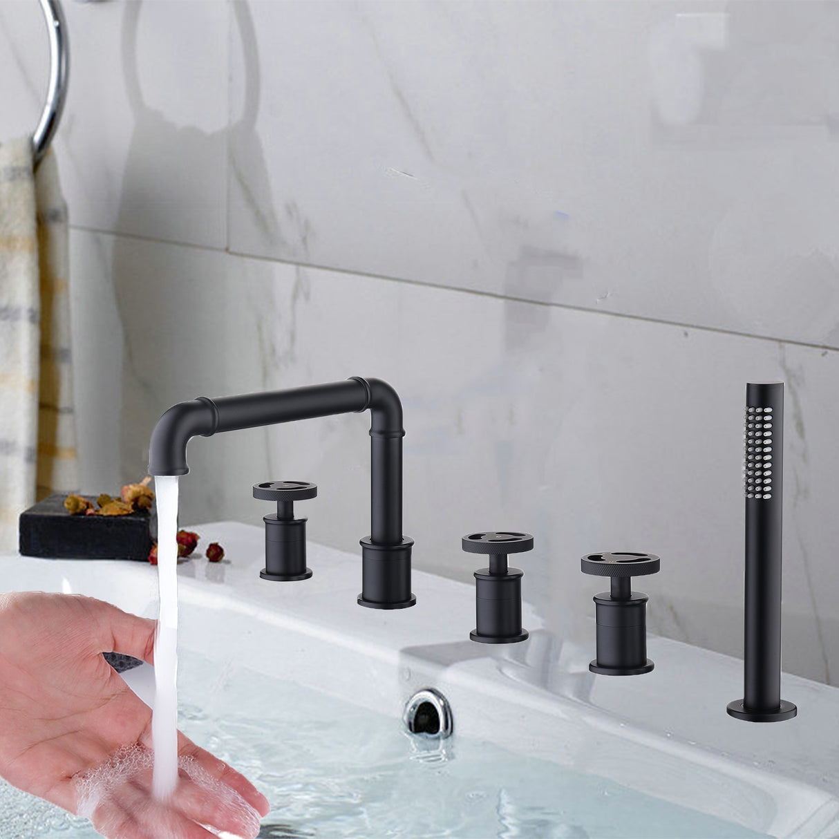 3-Handle Tub Faucet Set with Handheld Shower, Modern Deck Mount Bathtub Faucet Set
