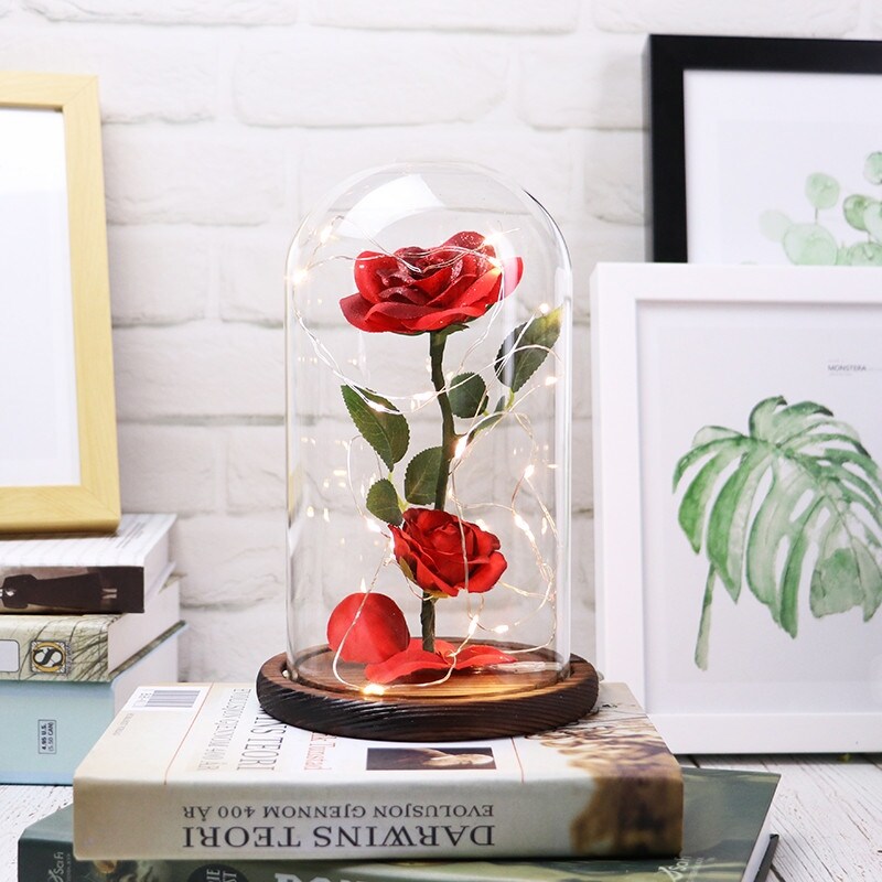 Romantic Immortal Flower Micro Landscape Rose Simulation Glass Shade Led Light Handmade Preserved Roses in Glass Dome