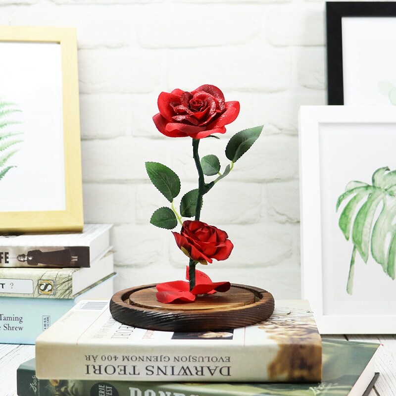 Romantic Immortal Flower Micro Landscape Rose Simulation Glass Shade Led Light Handmade Preserved Roses in Glass Dome