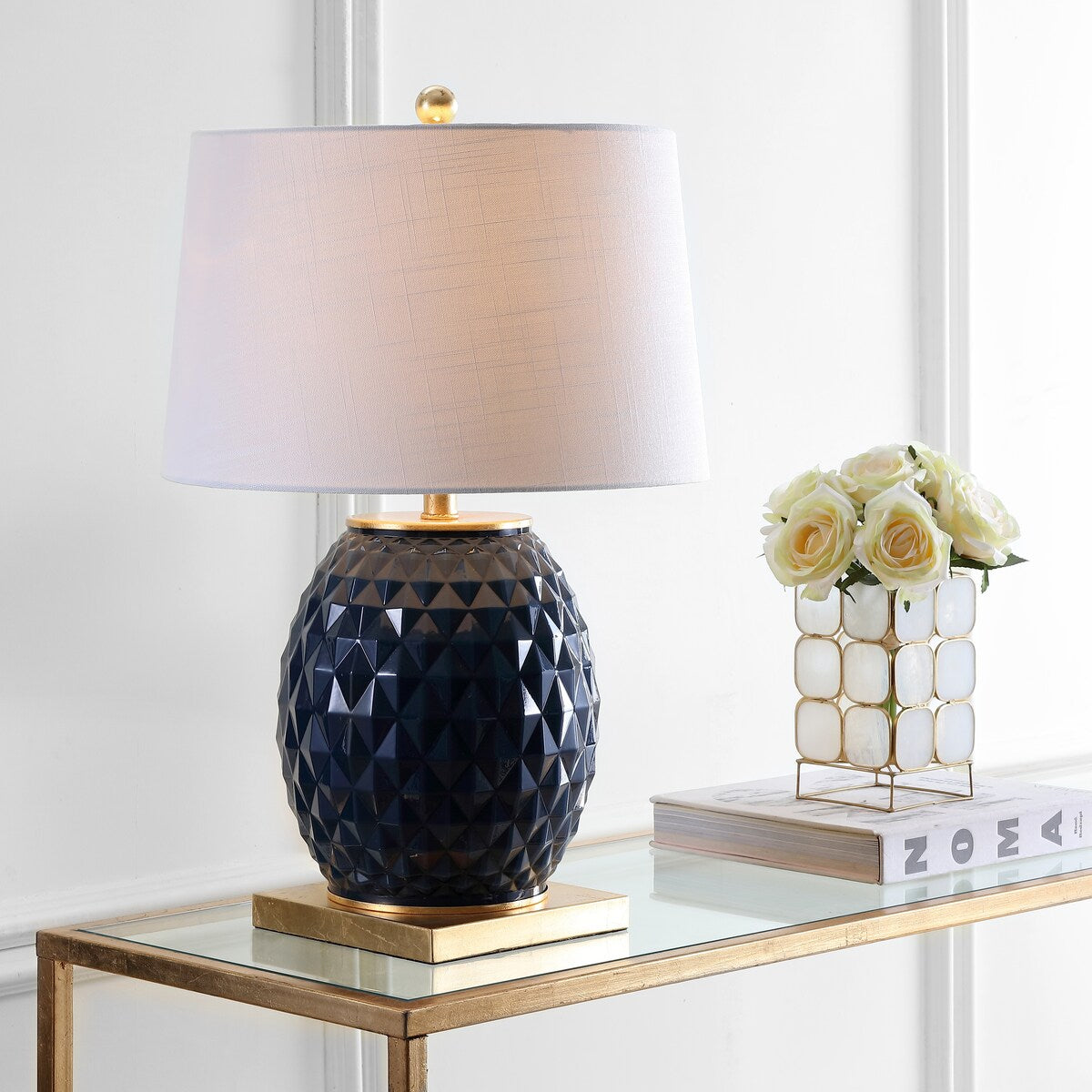 Ronald 25.5" LED Glass/Metal Table Lamp, White/Gold Leaf by JONATHAN Y