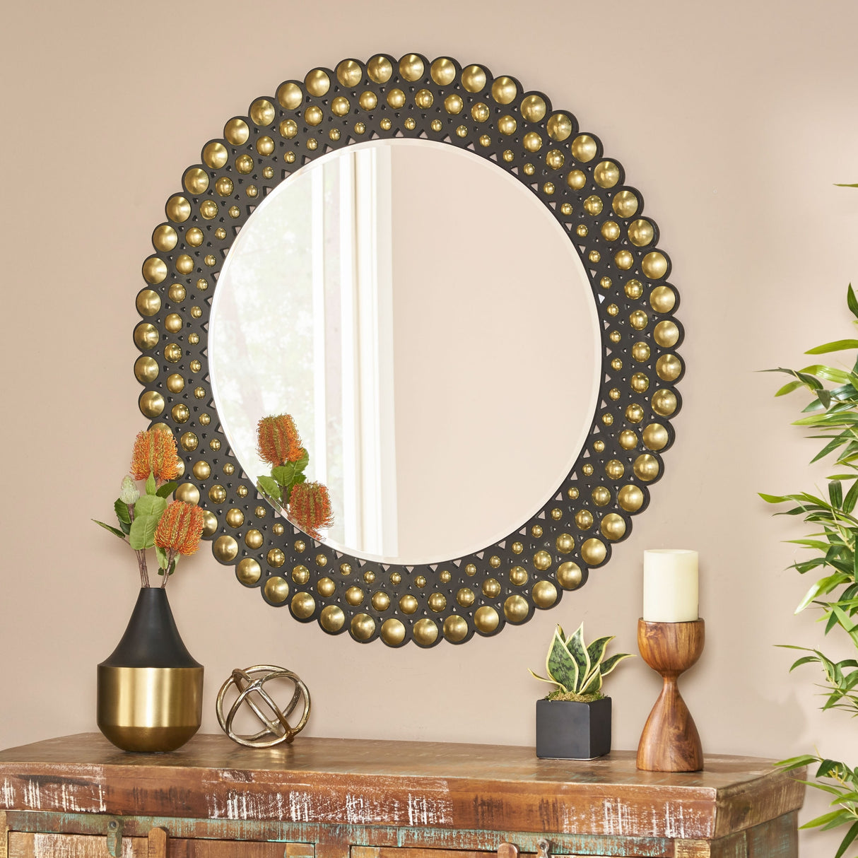 Rone Contemporary Studded Round Wall Mirror by Christopher Knight Home - Mirror + Bronze + Black - 35.50" H x 35.50" W x 0.50" D