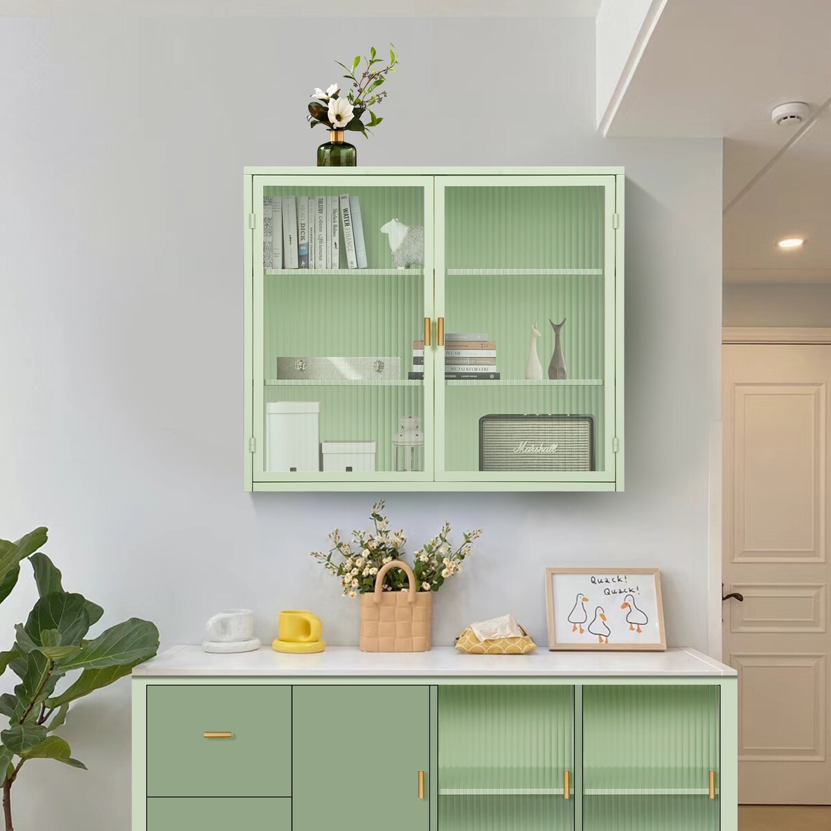 Roomfitters 27.56" Modern Glass Door Wall Cabinet with Three-Tier Storage for Entryway, Living Room, Bathroom