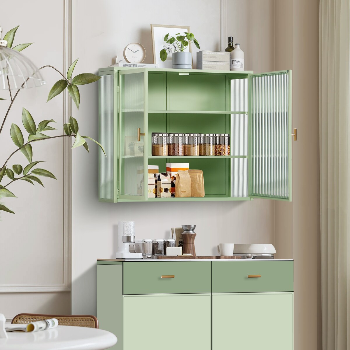 Roomfitters 27.56" Modern Glass Door Wall Cabinet with Three-Tier Storage for Entryway, Living Room, Bathroom
