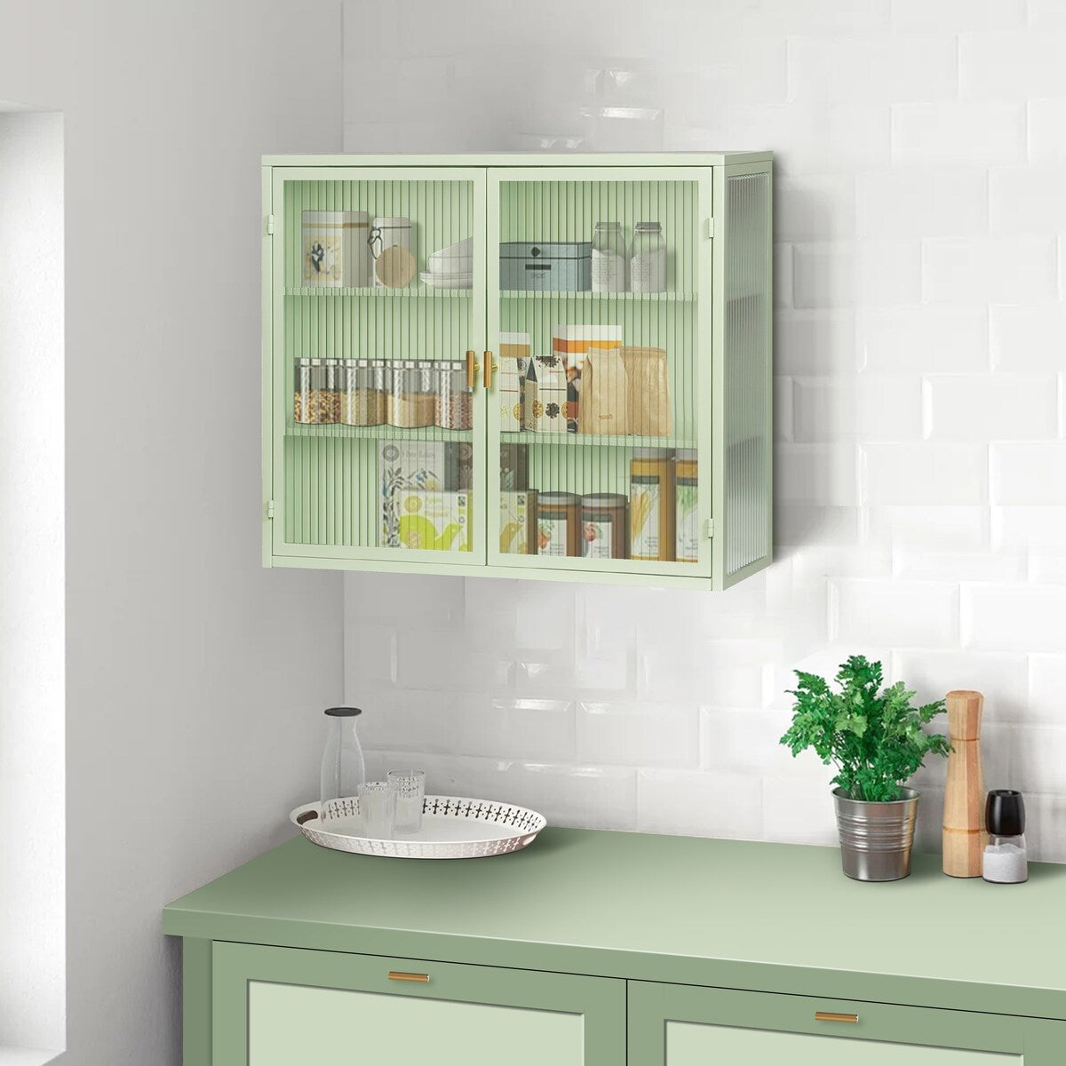 Roomfitters 27.56" Modern Glass Door Wall Cabinet with Three-Tier Storage for Entryway, Living Room, Bathroom