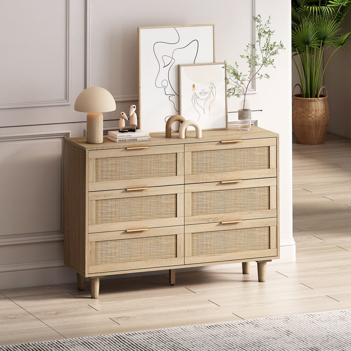 Roomfitters 43.31-Inch 6-Drawer Rattan Storage Cabinet in Natural for Bedroom and Living Room