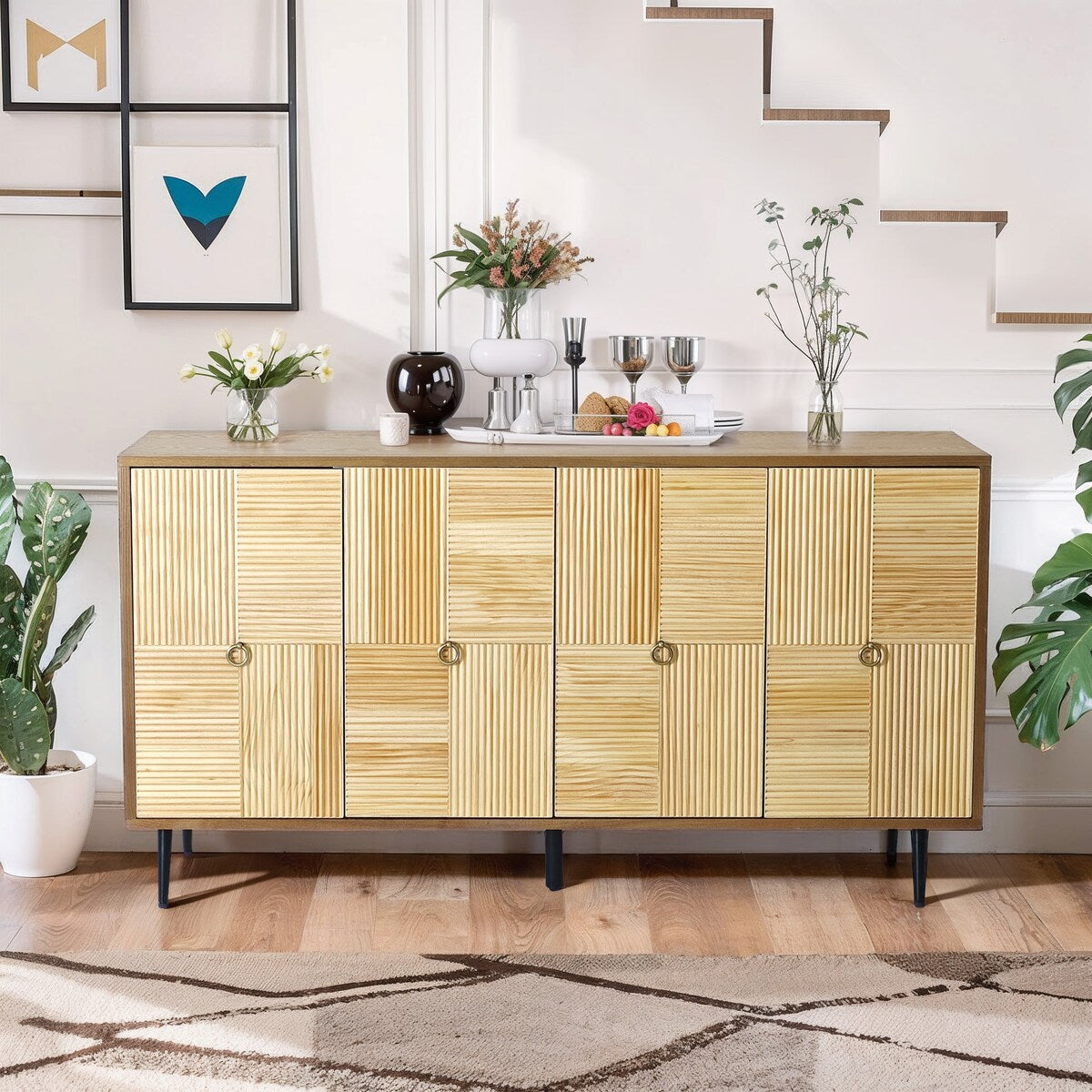 Roomfitters Elegant 4-Door Vintage Cabinet with Carved Pine Doors, Brown Frame + Wood Color, Ideal for Home and Office