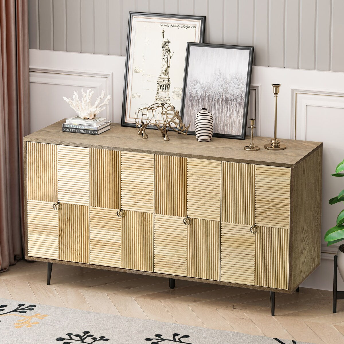 Roomfitters Elegant 4-Door Vintage Cabinet with Carved Pine Doors, Brown Frame + Wood Color, Ideal for Home and Office
