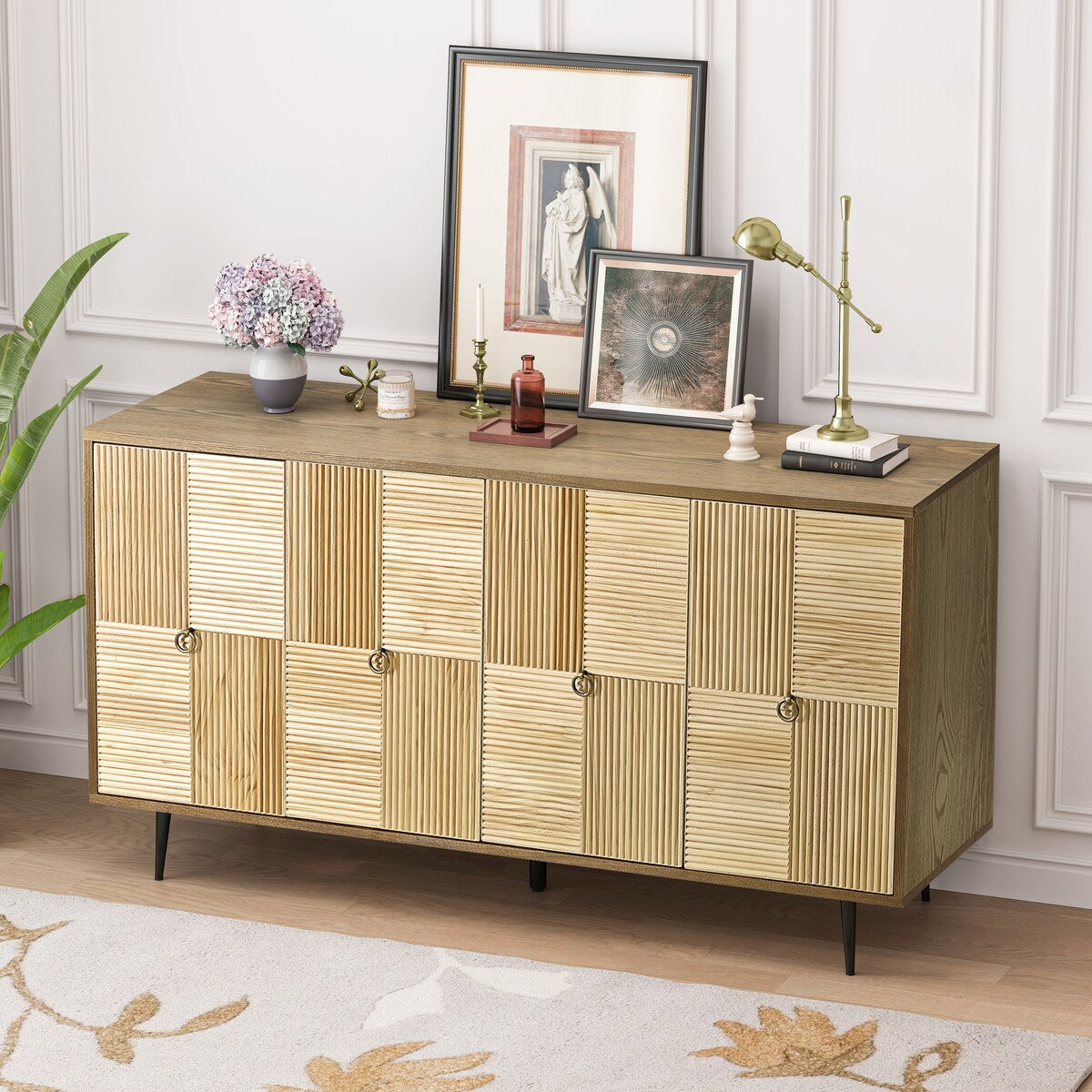 Roomfitters Elegant 4-Door Vintage Cabinet with Carved Pine Doors, Brown Frame + Wood Color, Ideal for Home and Office