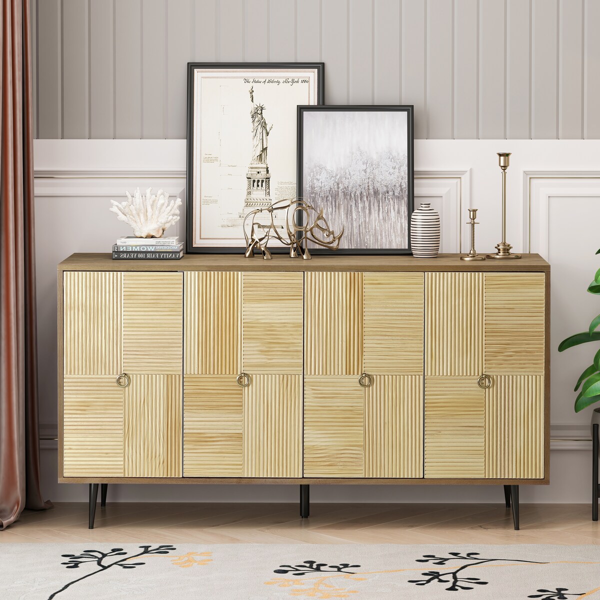 Roomfitters Elegant 4-Door Vintage Cabinet with Carved Pine Doors, Brown Frame + Wood Color, Ideal for Home and Office
