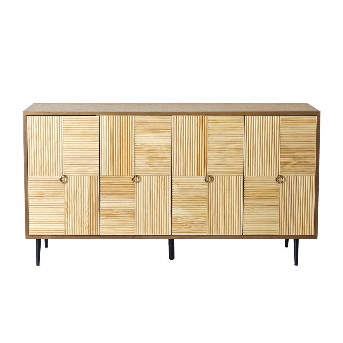 Roomfitters Elegant 4-Door Vintage Cabinet with Carved Pine Doors, Brown Frame + Wood Color, Ideal for Home and Office