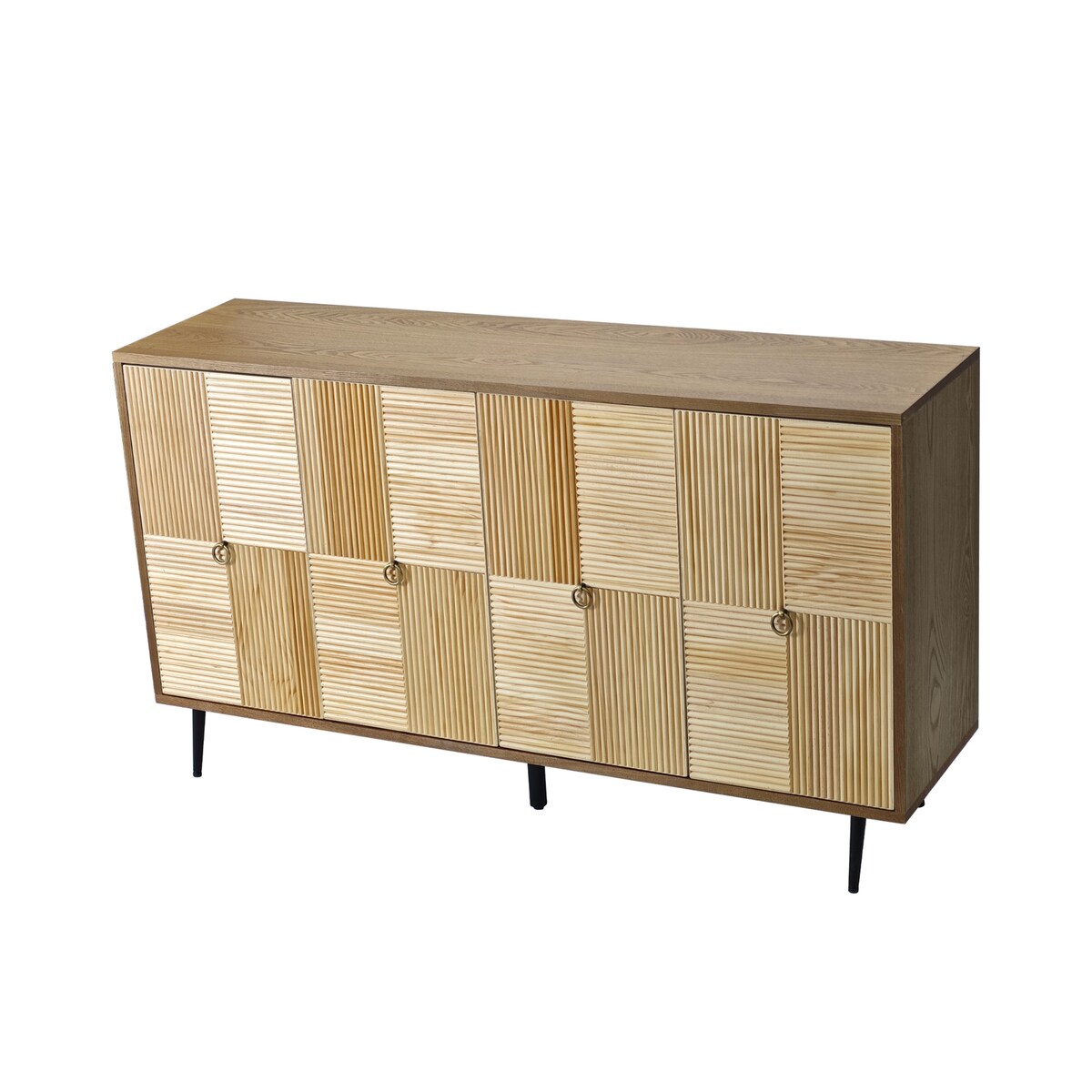 Roomfitters Elegant 4-Door Vintage Cabinet with Carved Pine Doors, Brown Frame + Wood Color, Ideal for Home and Office