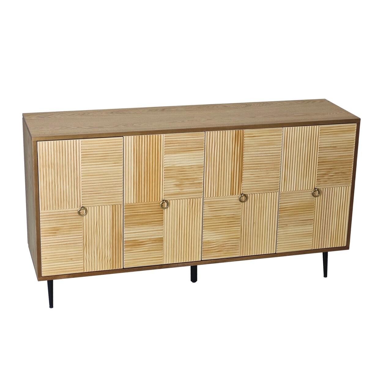 Roomfitters Elegant 4-Door Vintage Cabinet with Carved Pine Doors, Brown Frame + Wood Color, Ideal for Home and Office
